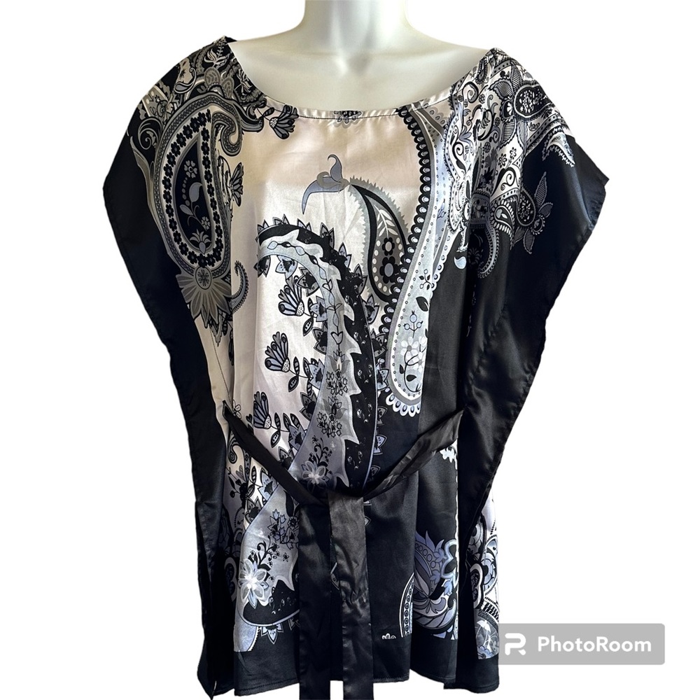 Black & White Paisley Satiny Caftan Tunic Top with Tie Size L
